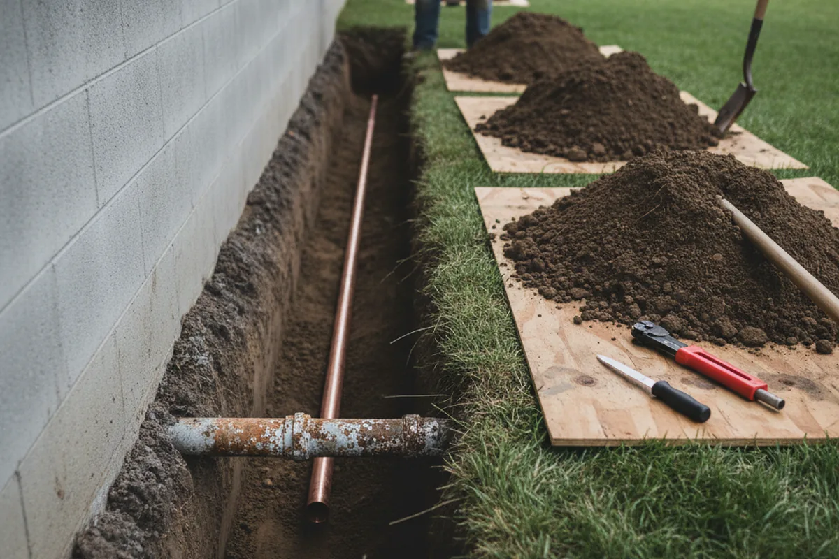 Excavated water line trench during Sewer Line Repair in Harrah